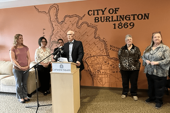 Photo of US Senator Peter Welch at a Press Conference at Thayer House