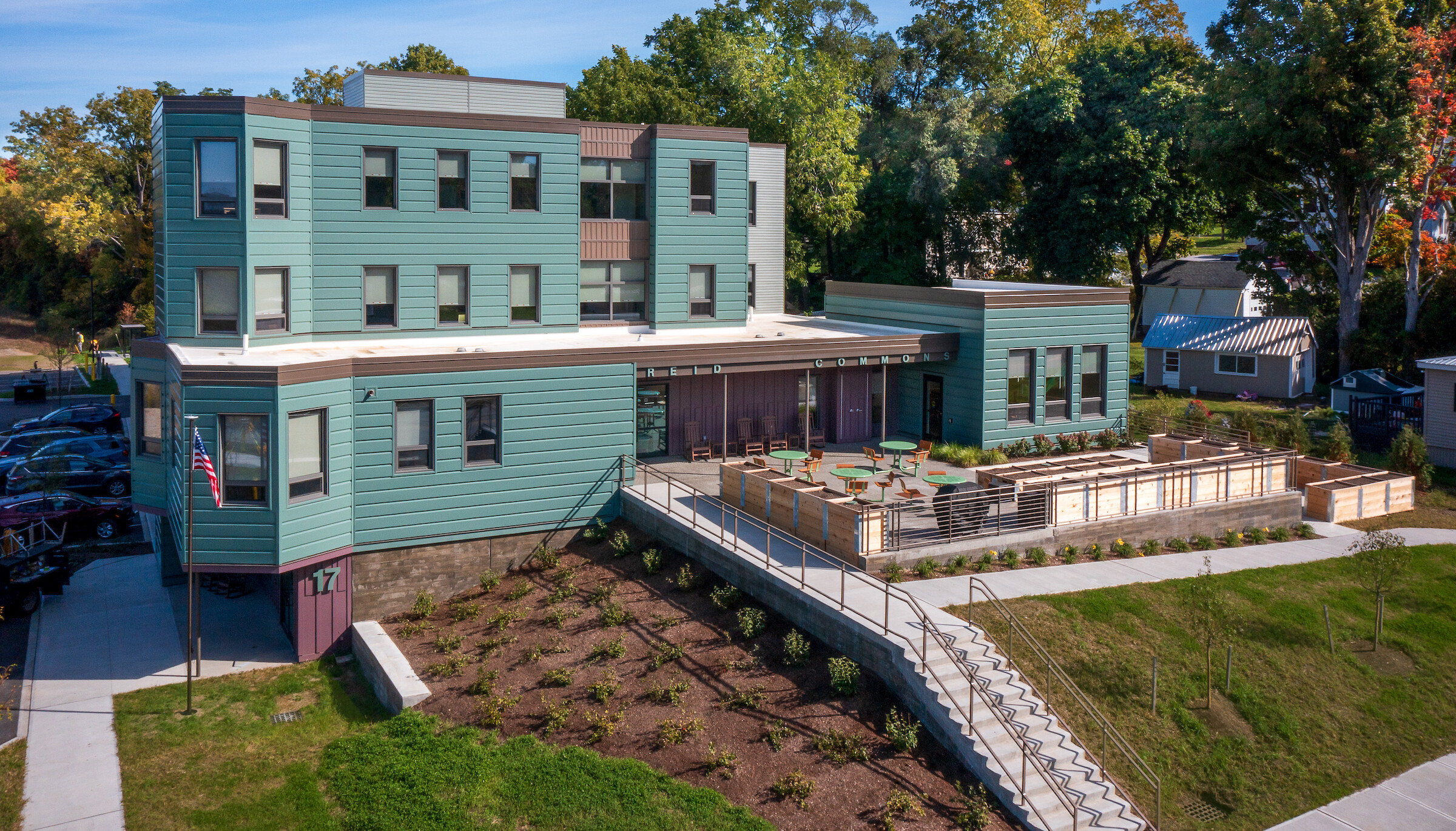 An exterior photo of Reid Commons